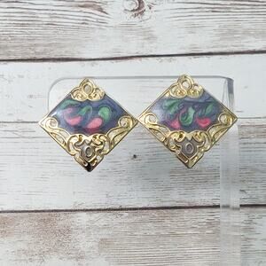 Vintage Clip On Earrings Gold Tone with Multi Colored - Clip Repair Needed